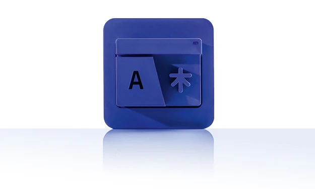 The symbol is unicolor blue and shows two overlapping index card elements. The front one shows a large 