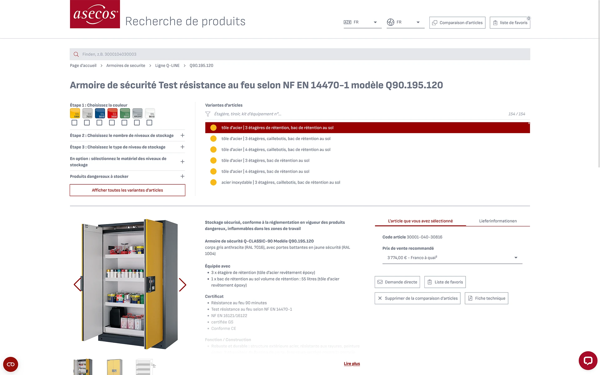 Capture d'écran d'une page de détail d'un produit dans le Product Finder d'asecos.